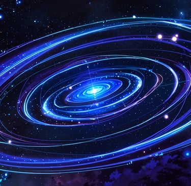 Cosmic expansion visual with glowing grid lines