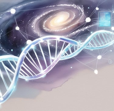 Microscopic DNA strand glowing with digital data inside
