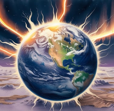 Earth surrounded by glowing magnetic field lines in space