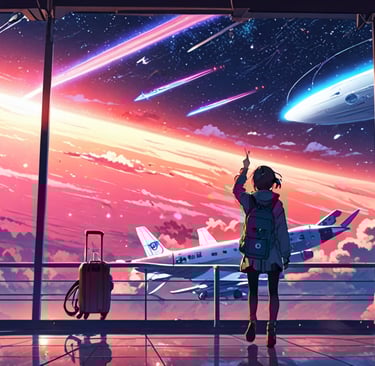 Futuristic spaceport with passengers boarding starships