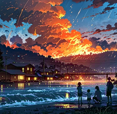 Ocean waves on fire under a burning sky