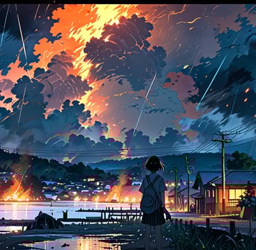 Rainstorm where raindrops fall as flames
