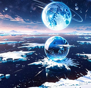 Icy exoplanet with frozen oceans reflecting starlight