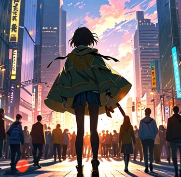 Mysterious glowing figure walking among a modern city crowd