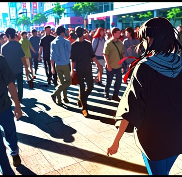 Futuristic godlike being blending into daily human life
