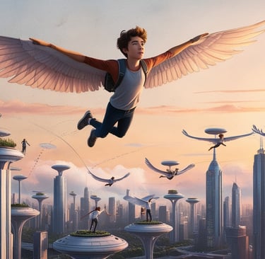 Human with giant wings flying above a futuristic city skyline