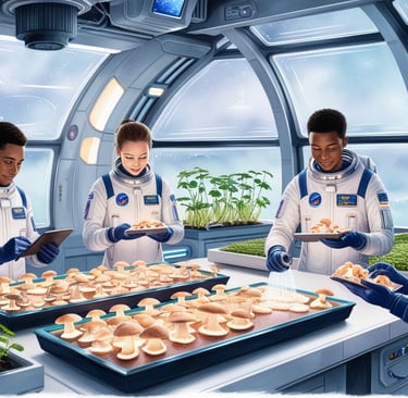 Illustration of mushrooms growing inside a Mars habitat dome