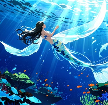 Bioluminescent mermaid glowing in the dark sea