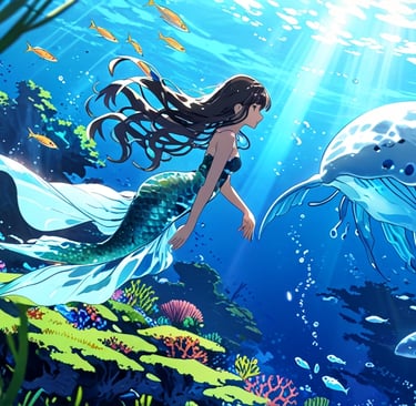 Mysterious mermaid silhouette swimming in deep ocean