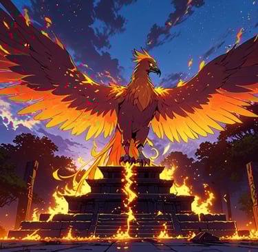 Mythical Phoenix bird rising from flames at dawn