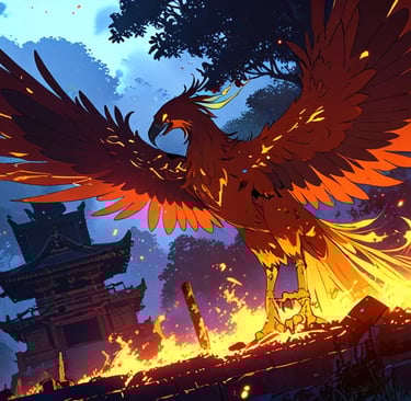 Ancient scroll showing a fiery bird of rebirth