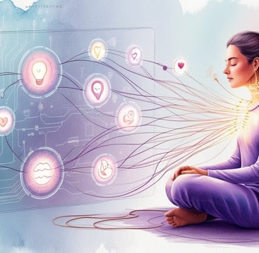 Person plugging into machine to download happiness
