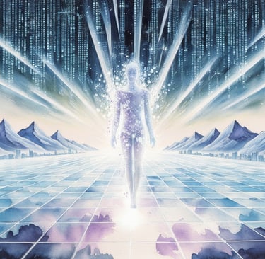 Futuristic concept of light beams forming a simulated Earth