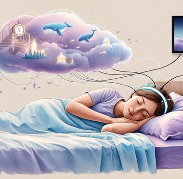 Person sleeping with glowing brain waves turning into a dream video.