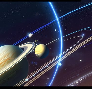 Artistic rendering of Saturn surrounded by dozens of small moons
