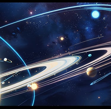 Illustration of Saturn’s rings with moons scattered around it