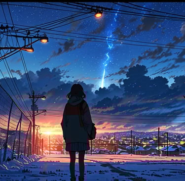 Abandoned city in darkness with artificial lights glowing