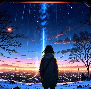 Human silhouette staring at endless night horizon