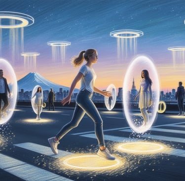 Human figure dissolving into light beams during teleportation