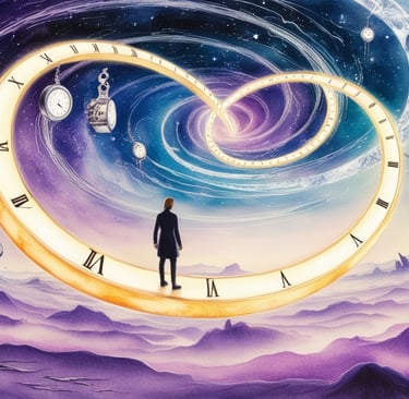 Endless clock faces looping in a surreal spiral