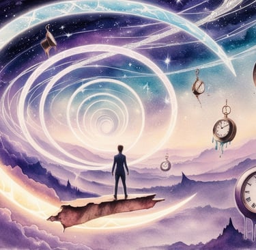 Time loop illustration with repeating mirrored realities