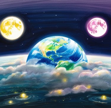 Earth in space with two glowing moons orbiting side by side