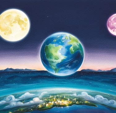 Fantasy night sky with two moons above mountains
