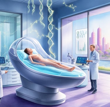 Double helix glowing in futuristic lab, symbolizing life-extension.