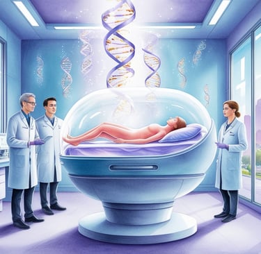 DNA strand merging with hourglass, representing engineered immortality.