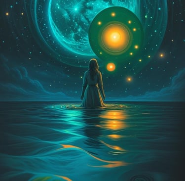Spiritual illustration of a person standing in a cosmic landscape with golden lights