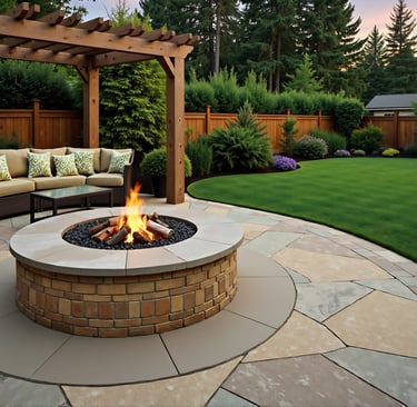 a patio with a pergola over a seating area, fire pit in the middle of patio, yard well landscaped