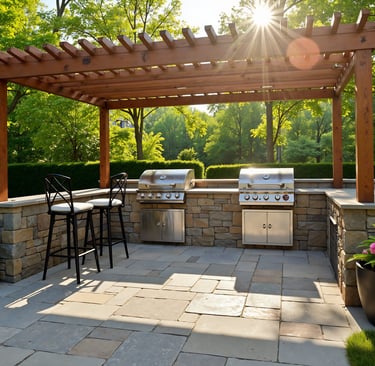 a patio with a grill area and pergola, stools and a grill