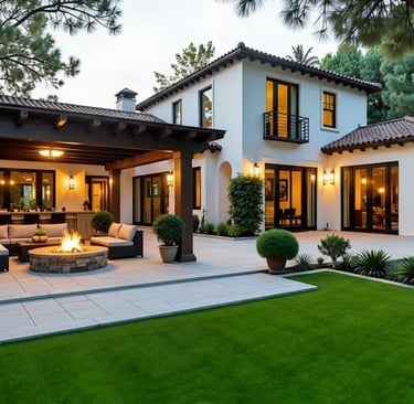 a large backyard patio with a fire pit under a pergola, with synthetic grass