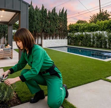 a person in green uniform pruning a plant in a flower bed