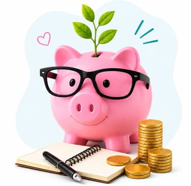 The Simple Budget piggy bank mascot with notebook and coins for practical money skills.