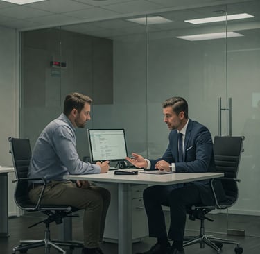 two men sitting at a desk with a laptop