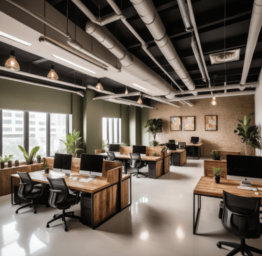 a large open office with a desk and chairs- Richmond Road Clayworks