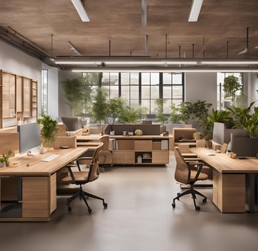 a large open office with a desk and a computer- sustainable workspace