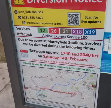 Bus diversion notice at a bus stop for 14 Feb 2026
