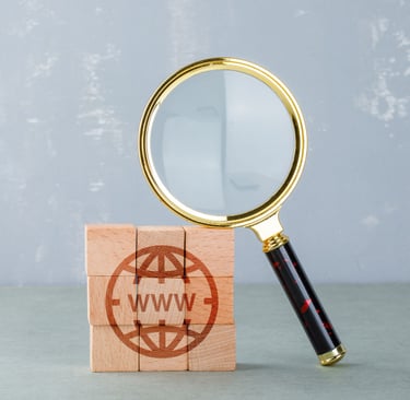 Lupa e cubo com ícone de internet e a sigla "www"