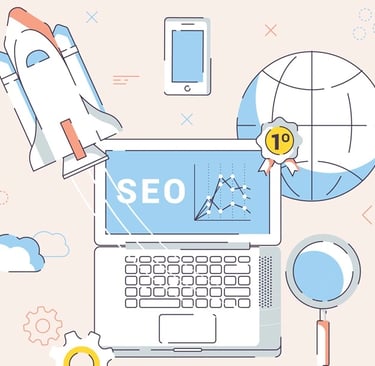 Notebook com ícones associados a SEO