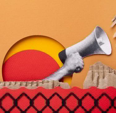 Imagem de sol e de mão segurando megafone