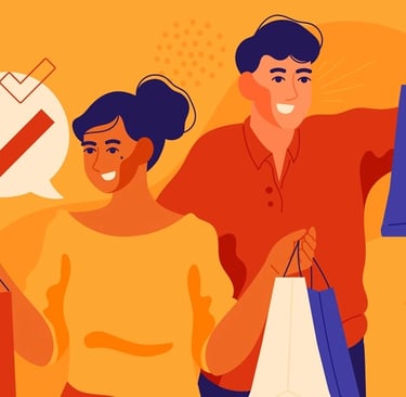 Ilustração de um homem e uma mulher fazendo compras
