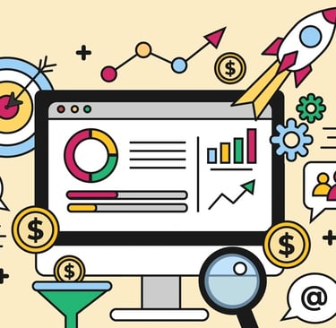 Tema de computador com diversos ícones associados a SEO