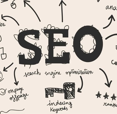 Imagem com a palavra SEO e ícones relacionados