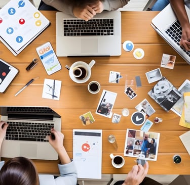 Publicitários em uma mesa trabalhando em marketing jurídico