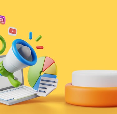 Imagem de notebook, megafone, lupa e ícones de redes sociais