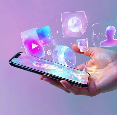 Uma mão segurando um celular com ícones associados ao marketing