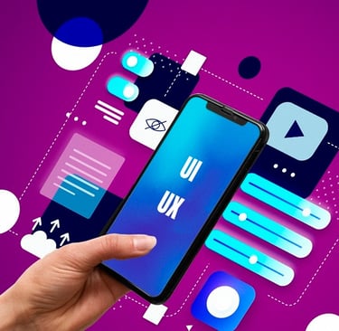 Mão segurando celular e símbolos relacionados à usabilidade de site