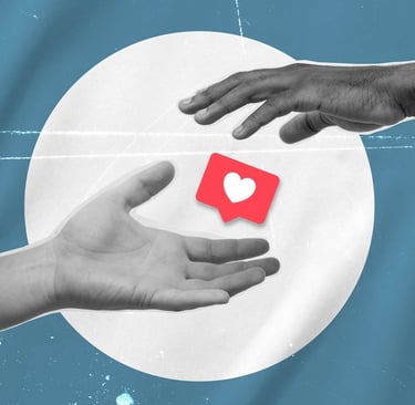 Duas mãos e o ícone de curtida do Instagram